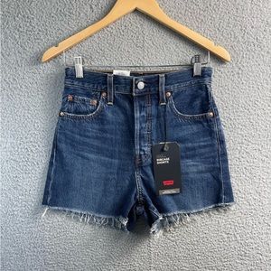 NEW 2022 LEVI'S PREMIUM $80 WOMENS RIBCAGE SUPER HIGH RISE BLUE JEAN SHORTS 26